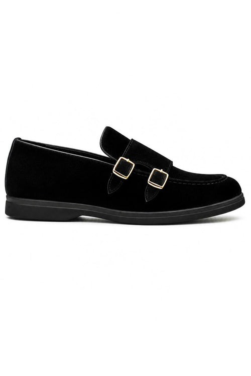 Men's Black Faux Suede Double Monk Strap Loafers