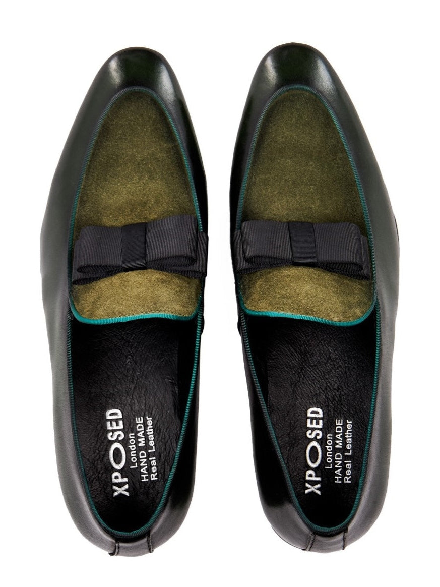 GREEN SUEDE & LEATHER BOW TIE LOAFERS