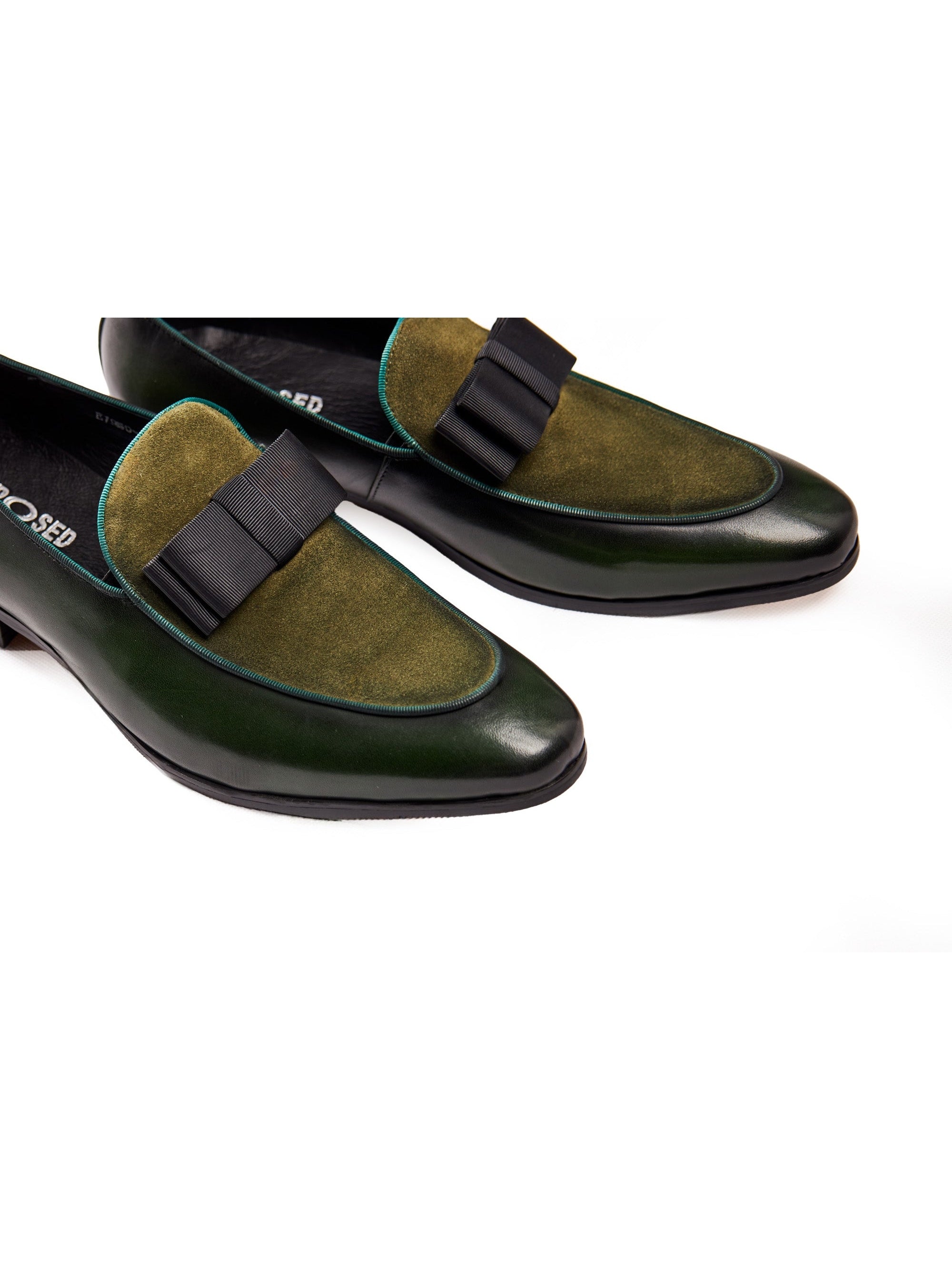 GREEN SUEDE & LEATHER BOW TIE LOAFERS