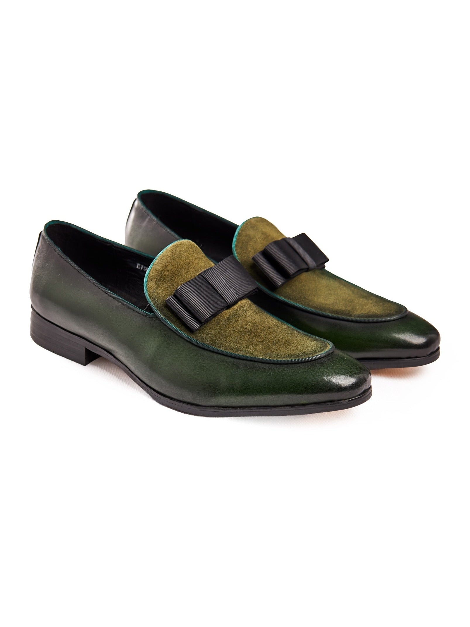 GREEN SUEDE & LEATHER BOW TIE LOAFERS