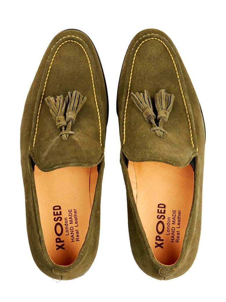 GREEN SUEDE LEATHER TASSEL LOAFERS