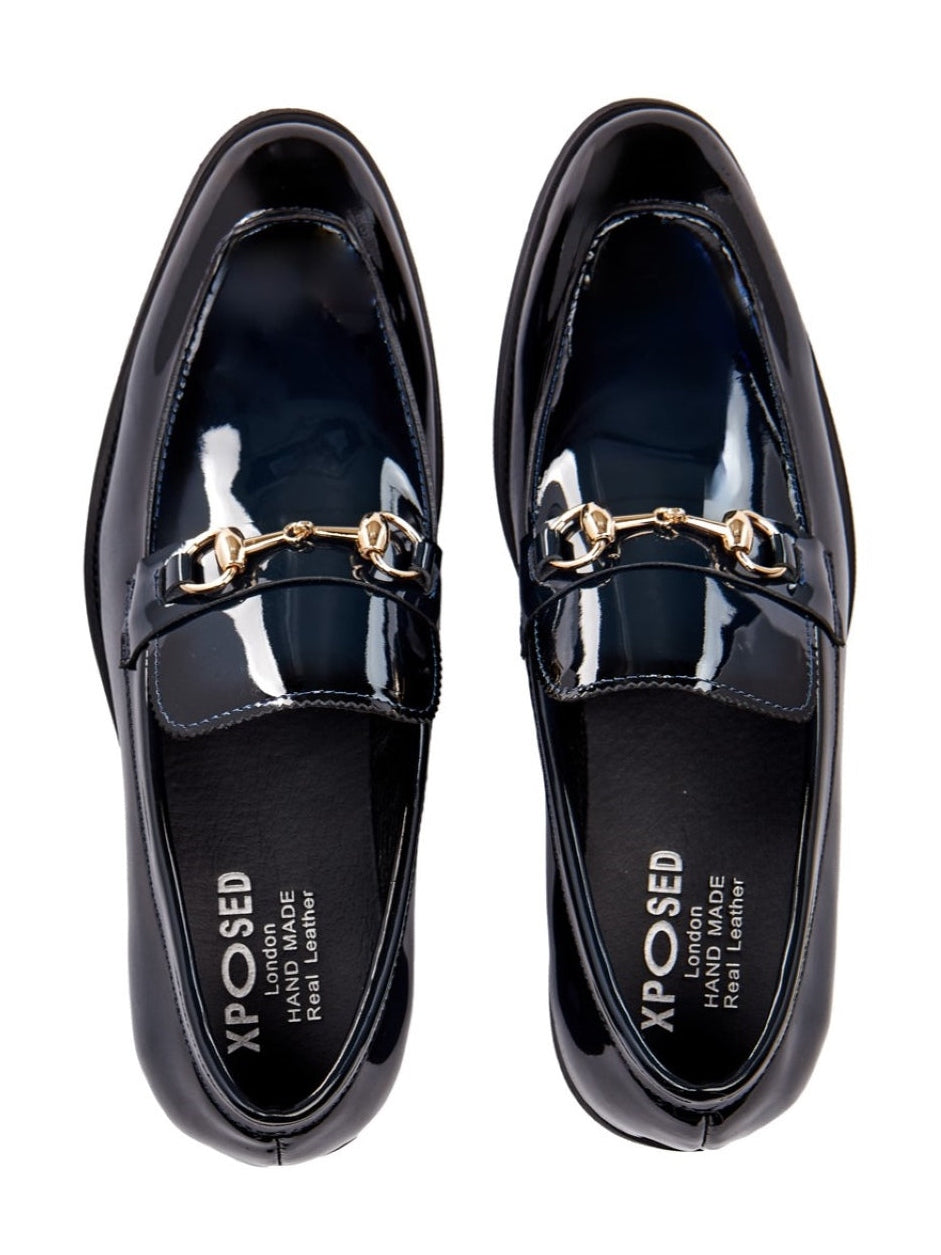 BLUE PATENT LEATHER GOLD BUCKLE LOAFERS