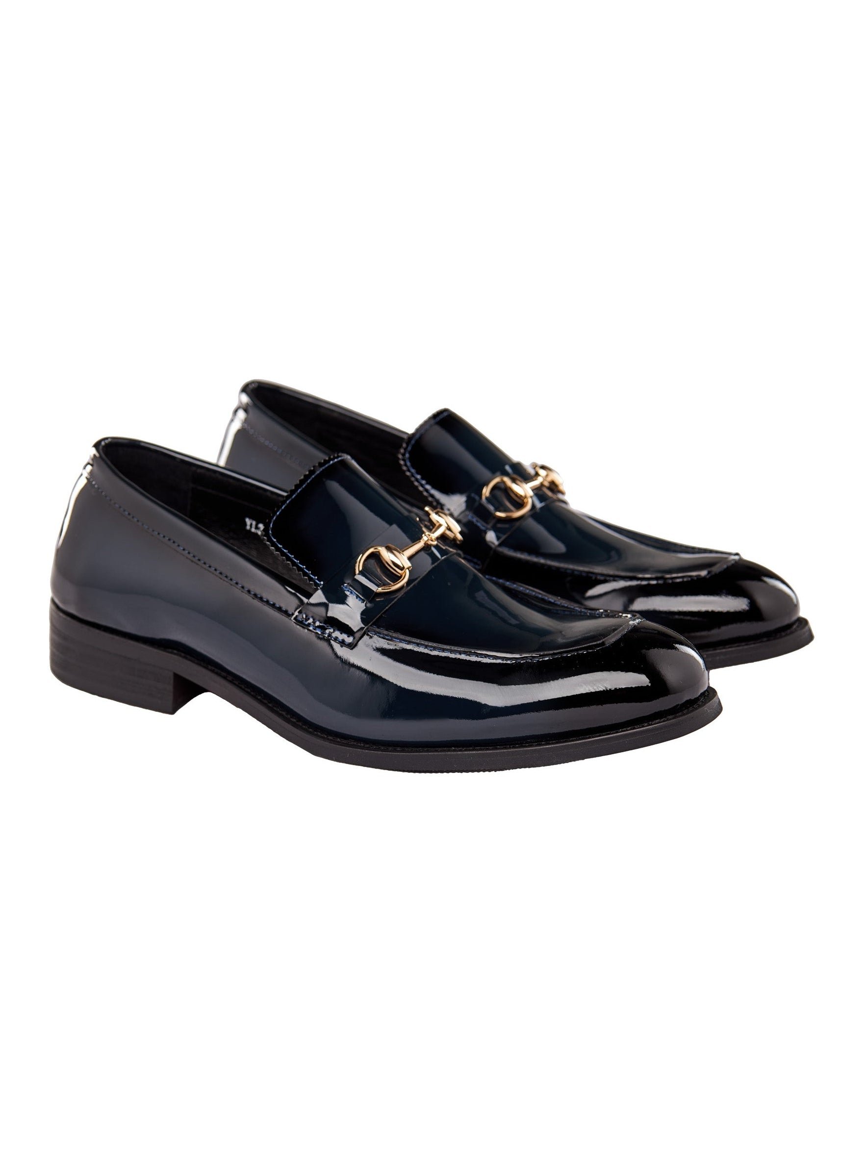 BLUE PATENT LEATHER GOLD BUCKLE LOAFERS