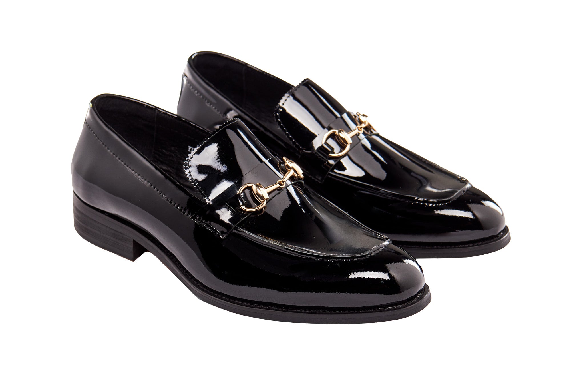 BLACK PATENT LEATHER GOLD BUCKLE LOAFERS