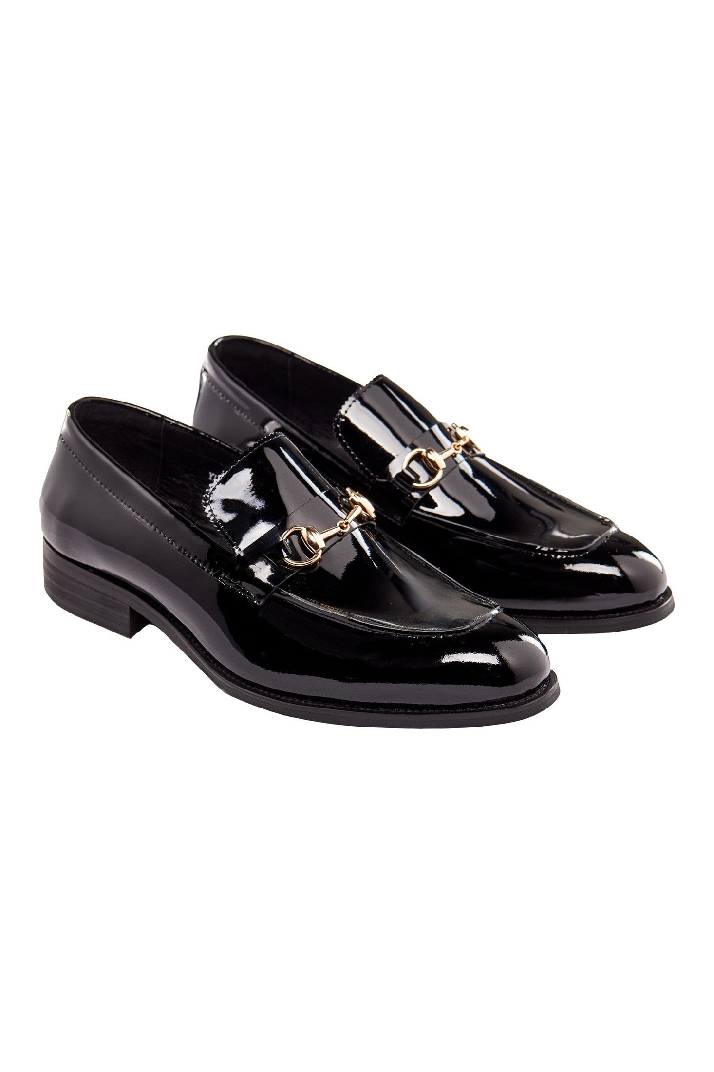 BLACK PATENT LEATHER GOLD BUCKLE LOAFERS â XPOSED