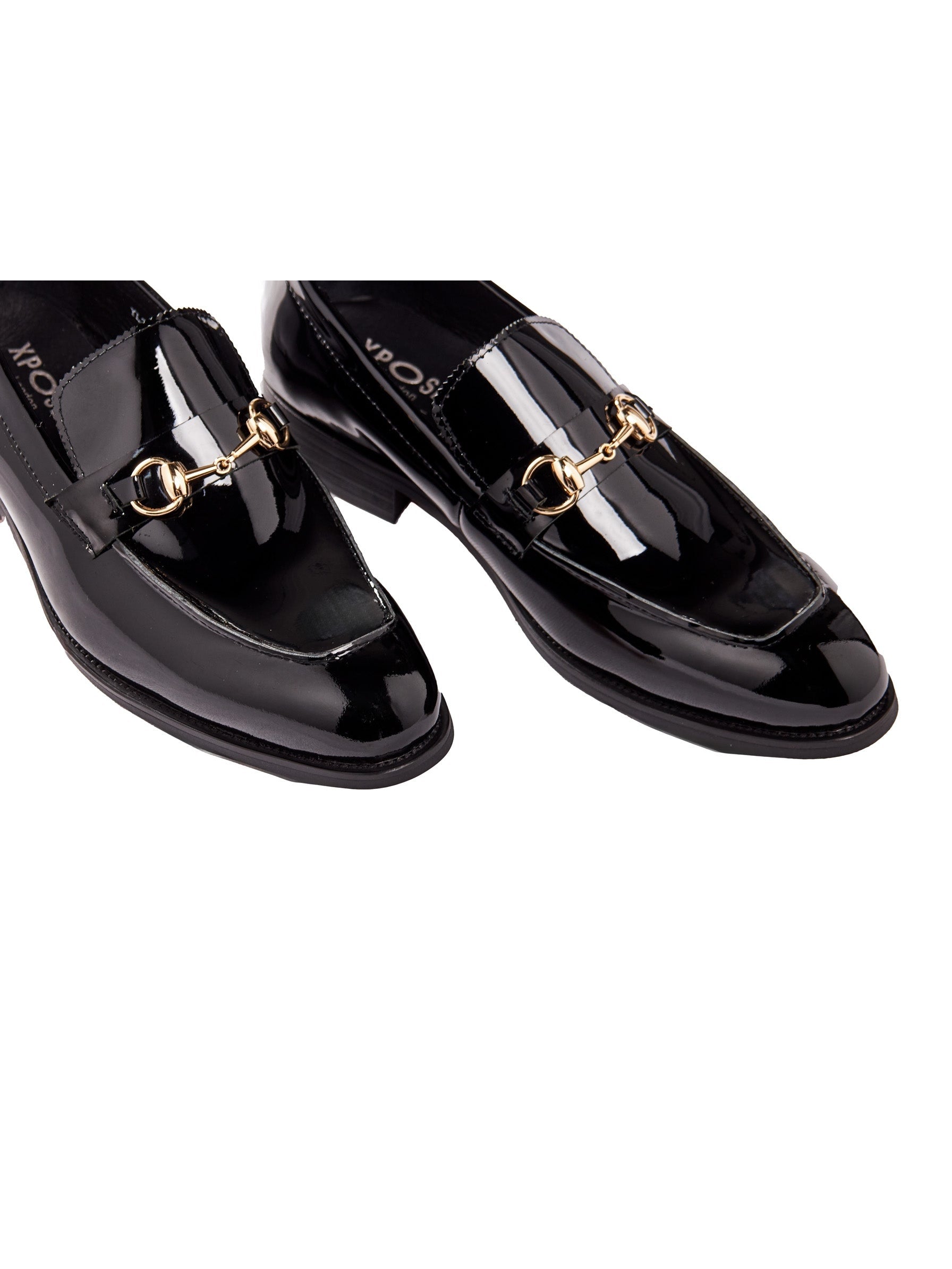 BLACK PATENT LEATHER GOLD BUCKLE LOAFERS