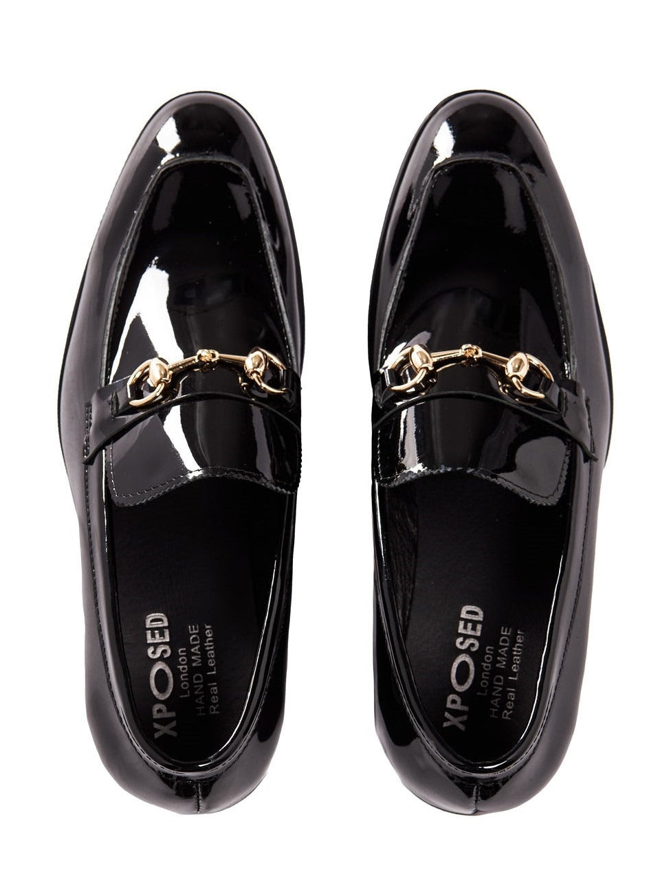 BLACK PATENT LEATHER GOLD BUCKLE LOAFERS