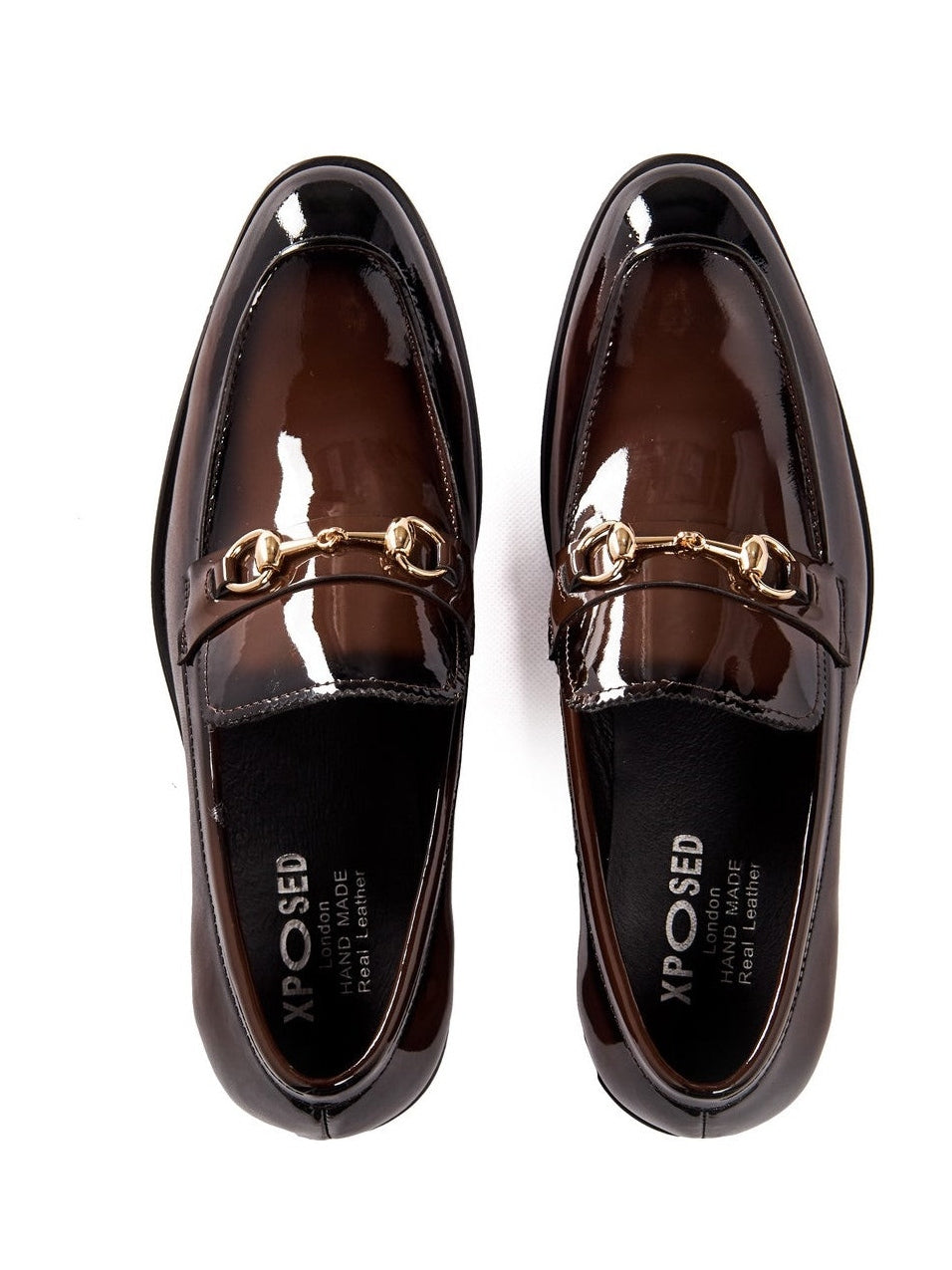 BROWN PATENT LEATHER GOLD BUCKLE LOAFERS