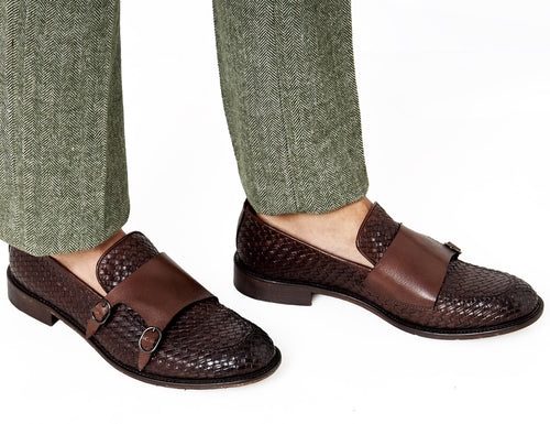 FLORENCE 2 - DOUBLE BUCKLE MONK LOAFER IN BROWN INTERWEAVE ITALIAN LEATHER