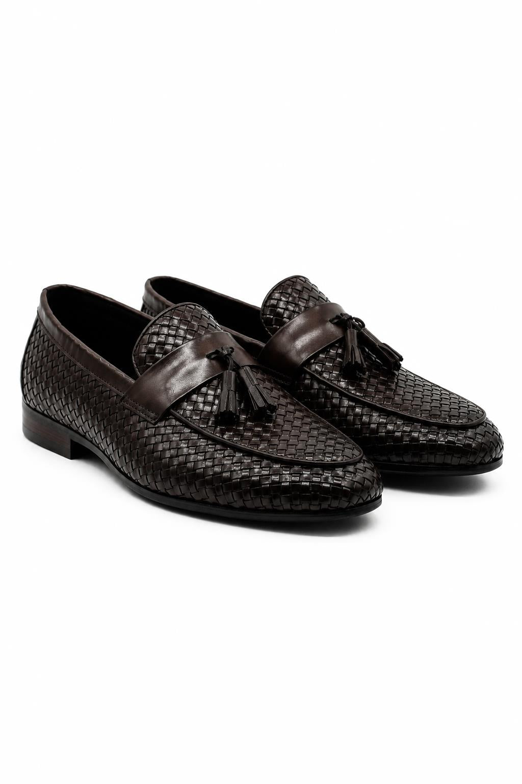 DIVO Men’s Brown Handmade Woven Leather Tassel Loafers