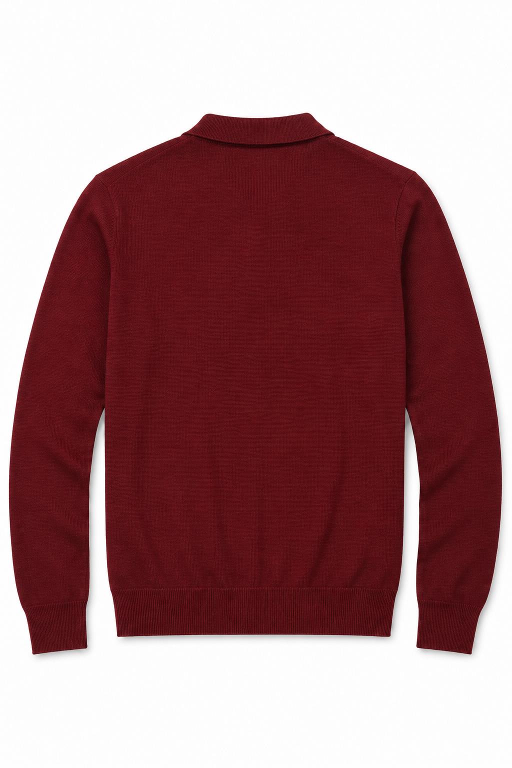Men's Maroon 100% Cotton Fine Knit Button Neck Polo Jumper