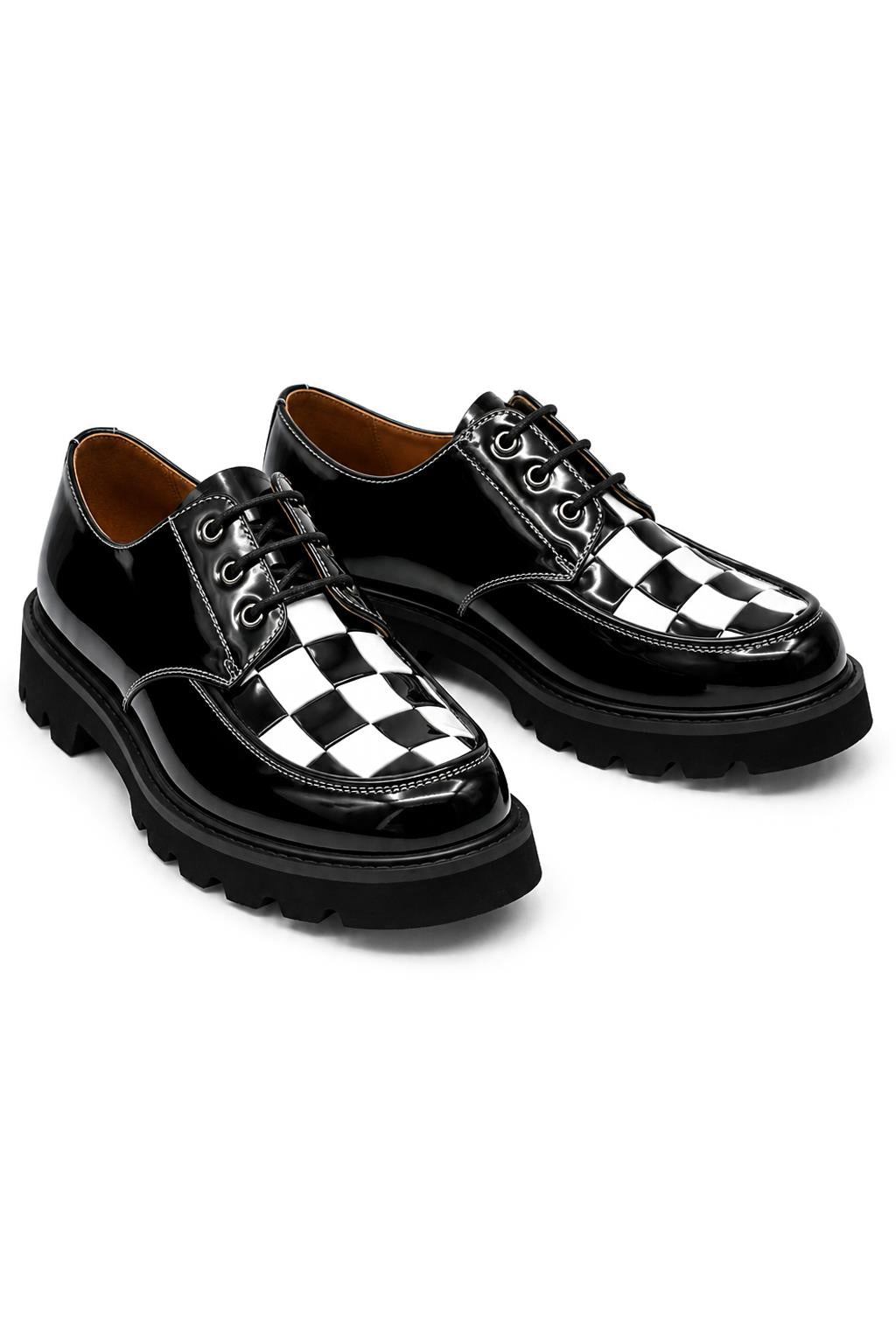 Men's Shiny Patent Black & White Mod-Style Chunky Derby Shoes