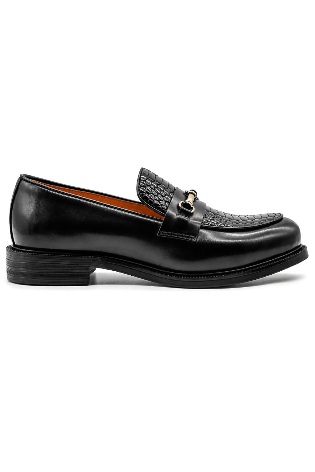 ASCOT Men’s Black Snake-Effect Leather Snaffle Loafers