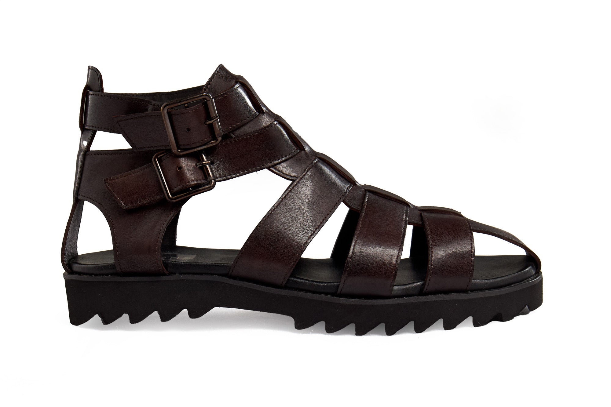 BROWN LEATHER CROSS STRAP SANDALS