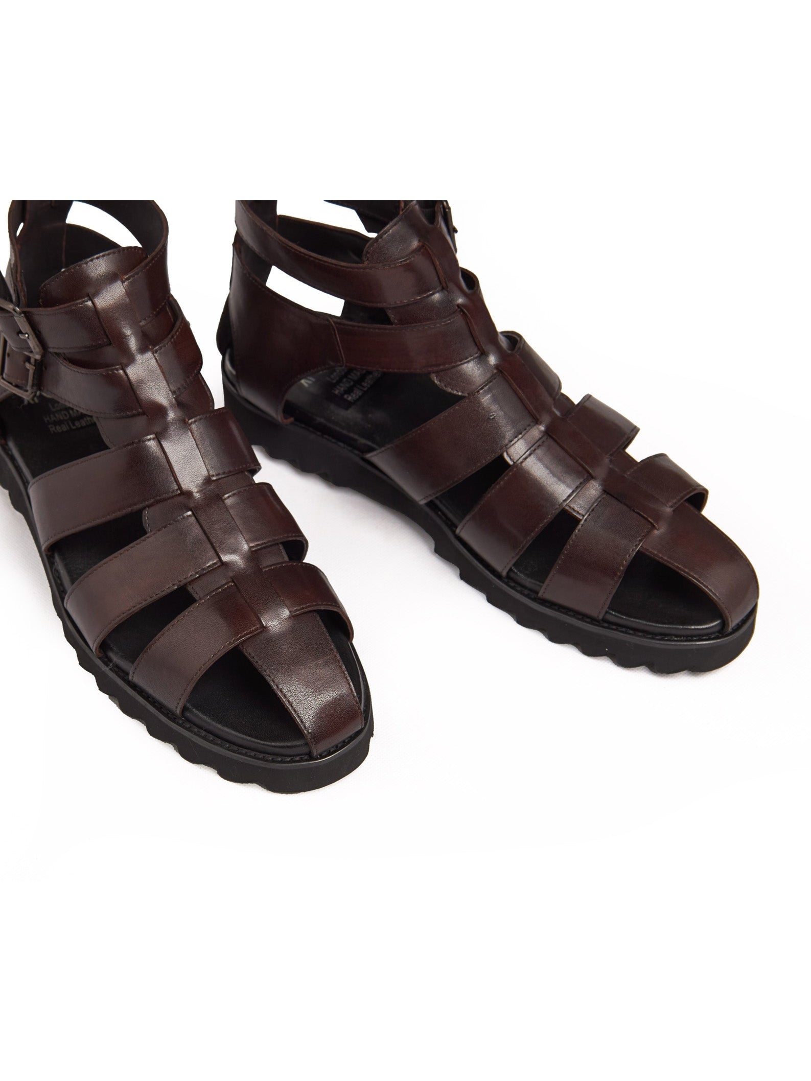 BROWN LEATHER CROSS STRAP SANDALS