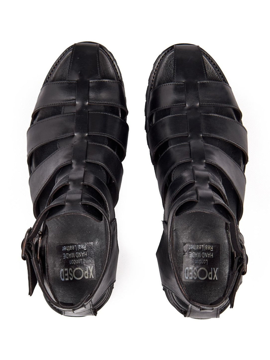 BLACK LEATHER CROSS STRAP SANDALS