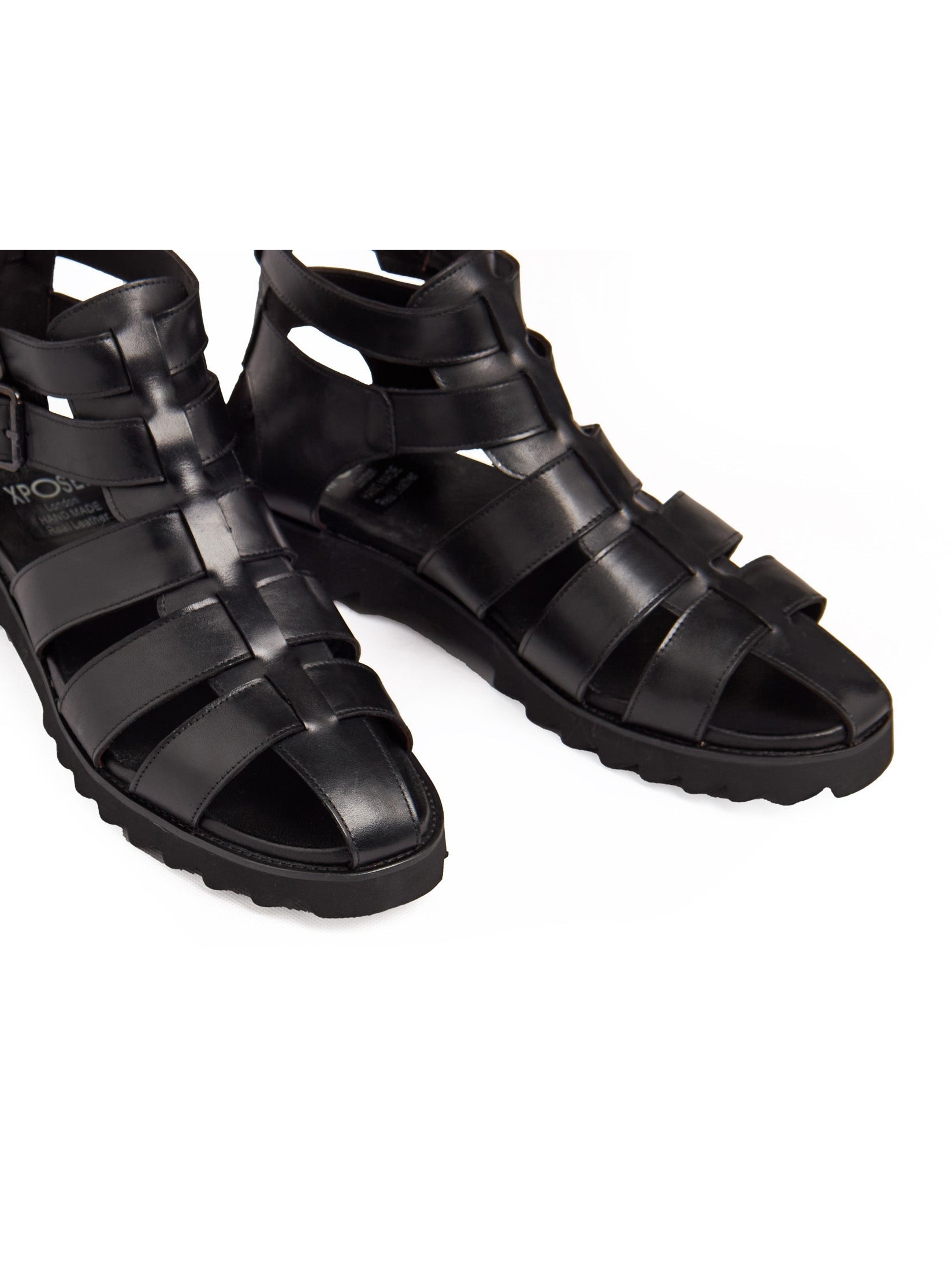 BLACK LEATHER CROSS STRAP SANDALS