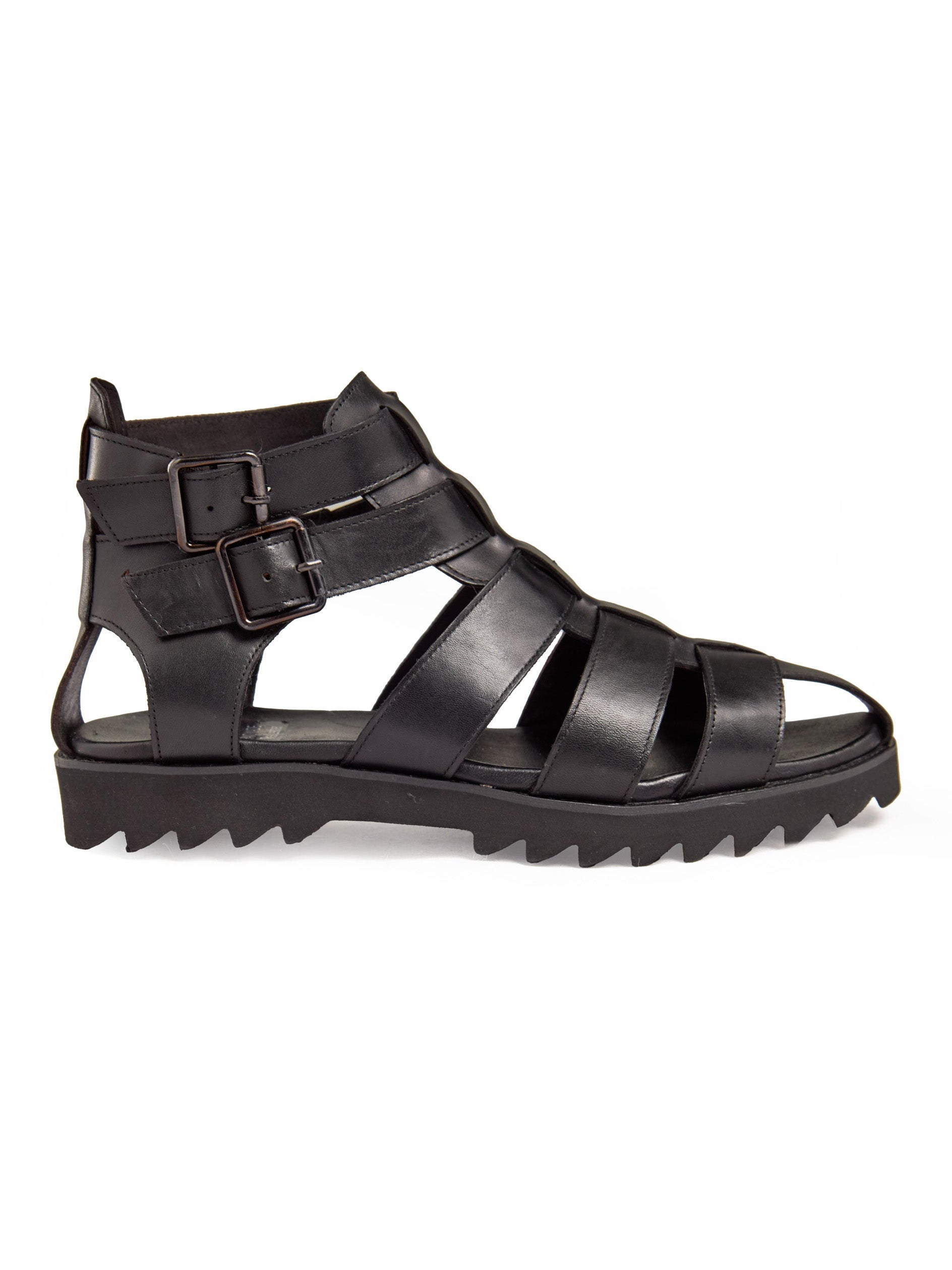 BLACK LEATHER CROSS STRAP SANDALS