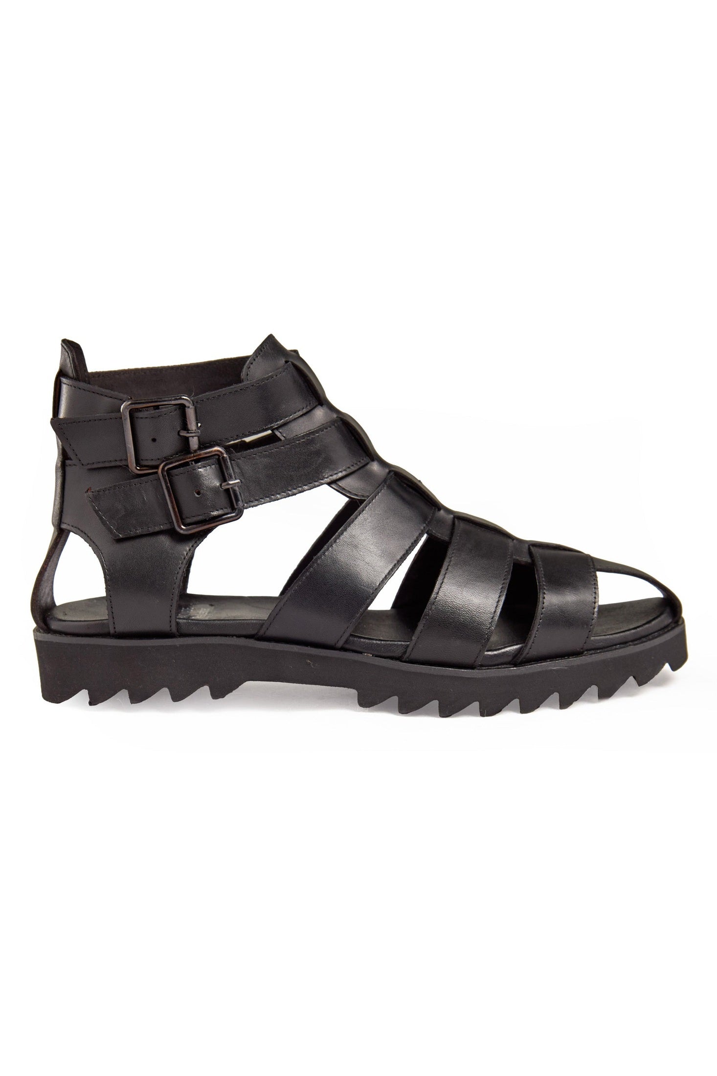 BLACK LEATHER CROSS STRAP SANDALS