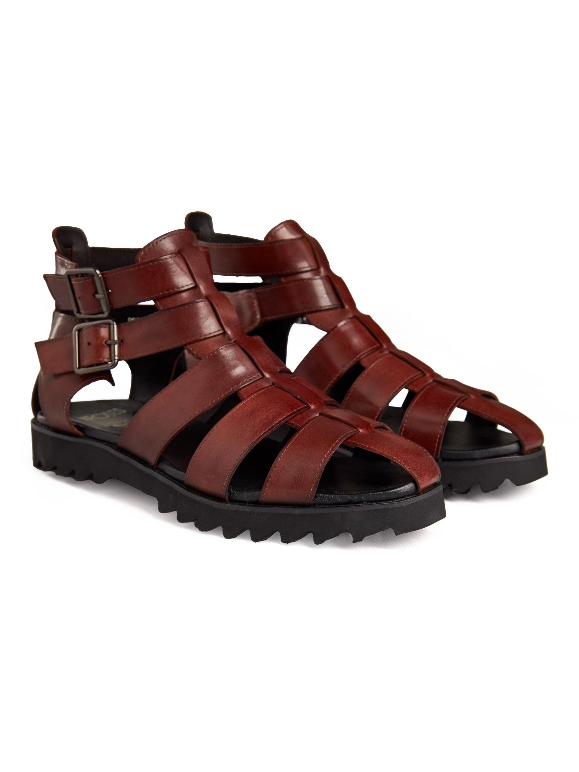 TAN LEATHER CROSS STRAP SANDALS