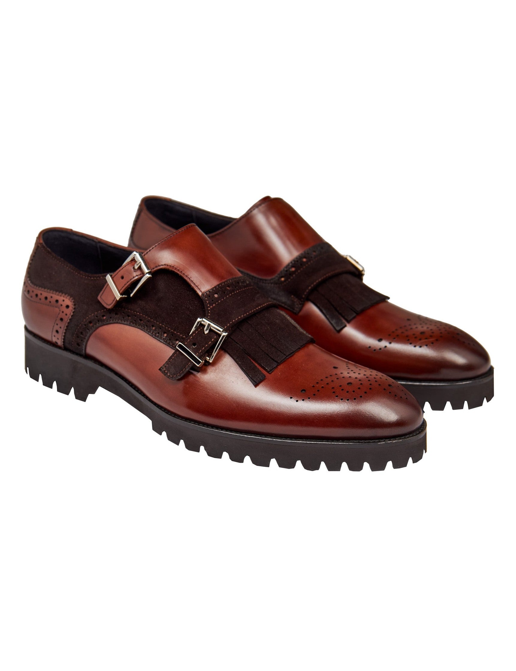 BROWN LEATHER & SUEDE DOUBLE MONK SHOES