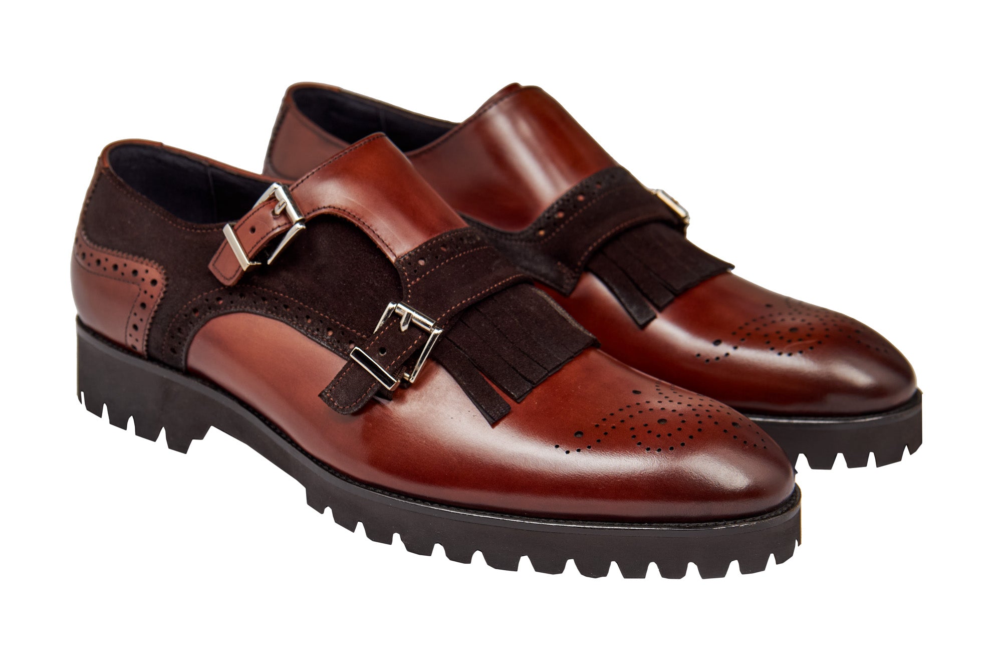 BROWN LEATHER & SUEDE DOUBLE MONK SHOES