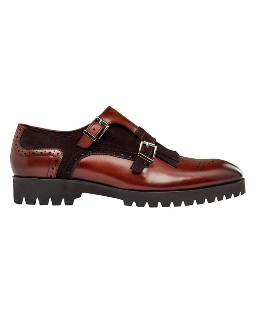 BRAUNE DOPPELMONKSCHUHE AUS LEDER UND WILDLEDER