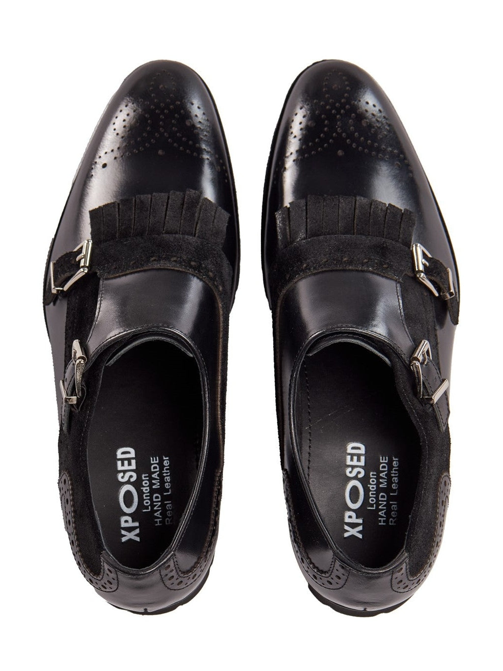 DOPPELMONKSCHUHE AUS SCHWARZEM LEDER UND WILDLEDER