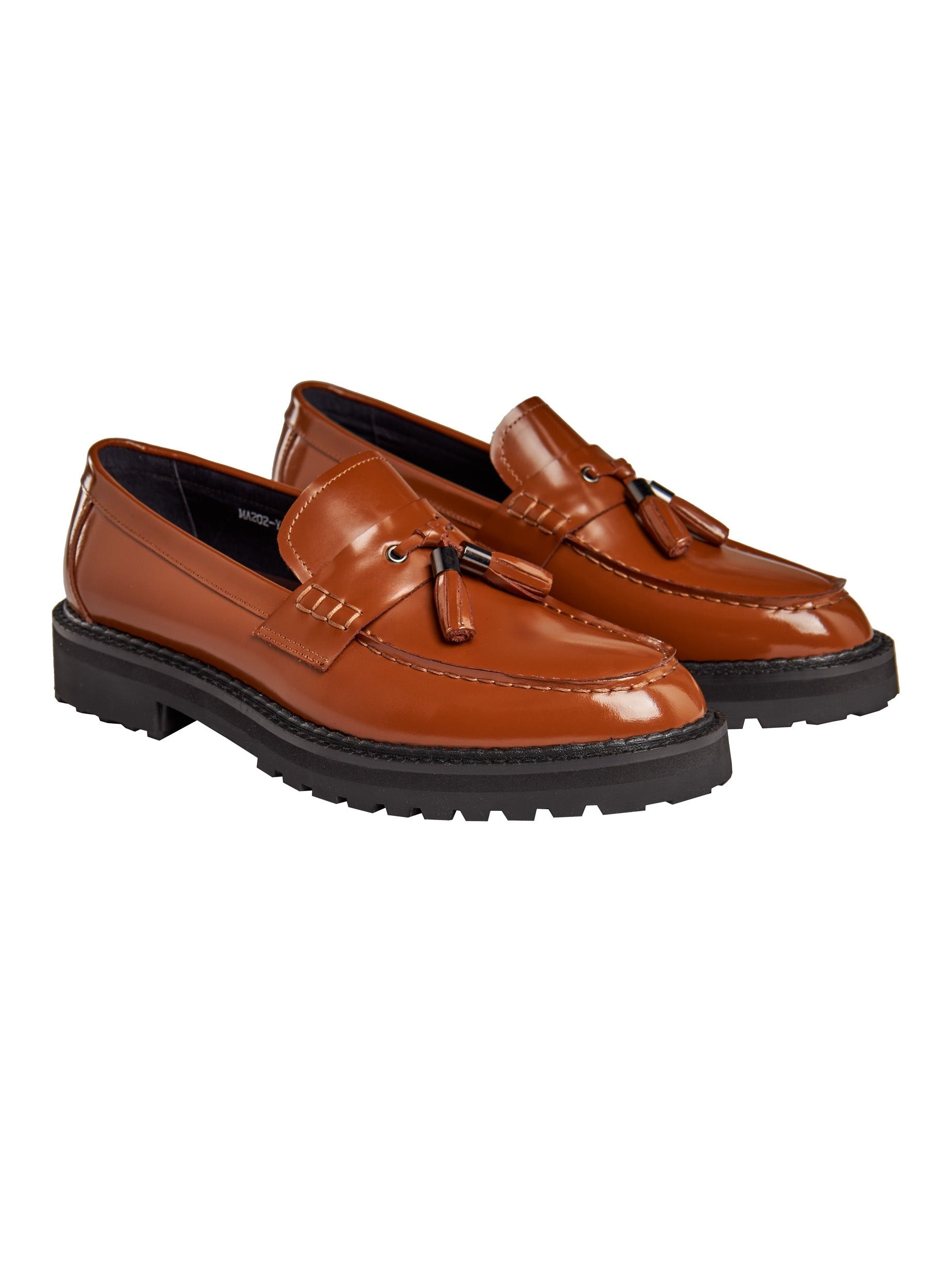 TAN PATENT LEATHER TASSEL LOAFERS