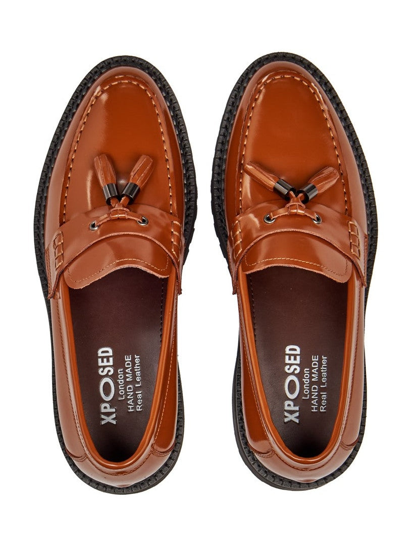 TAN PATENT LEATHER TASSEL LOAFERS