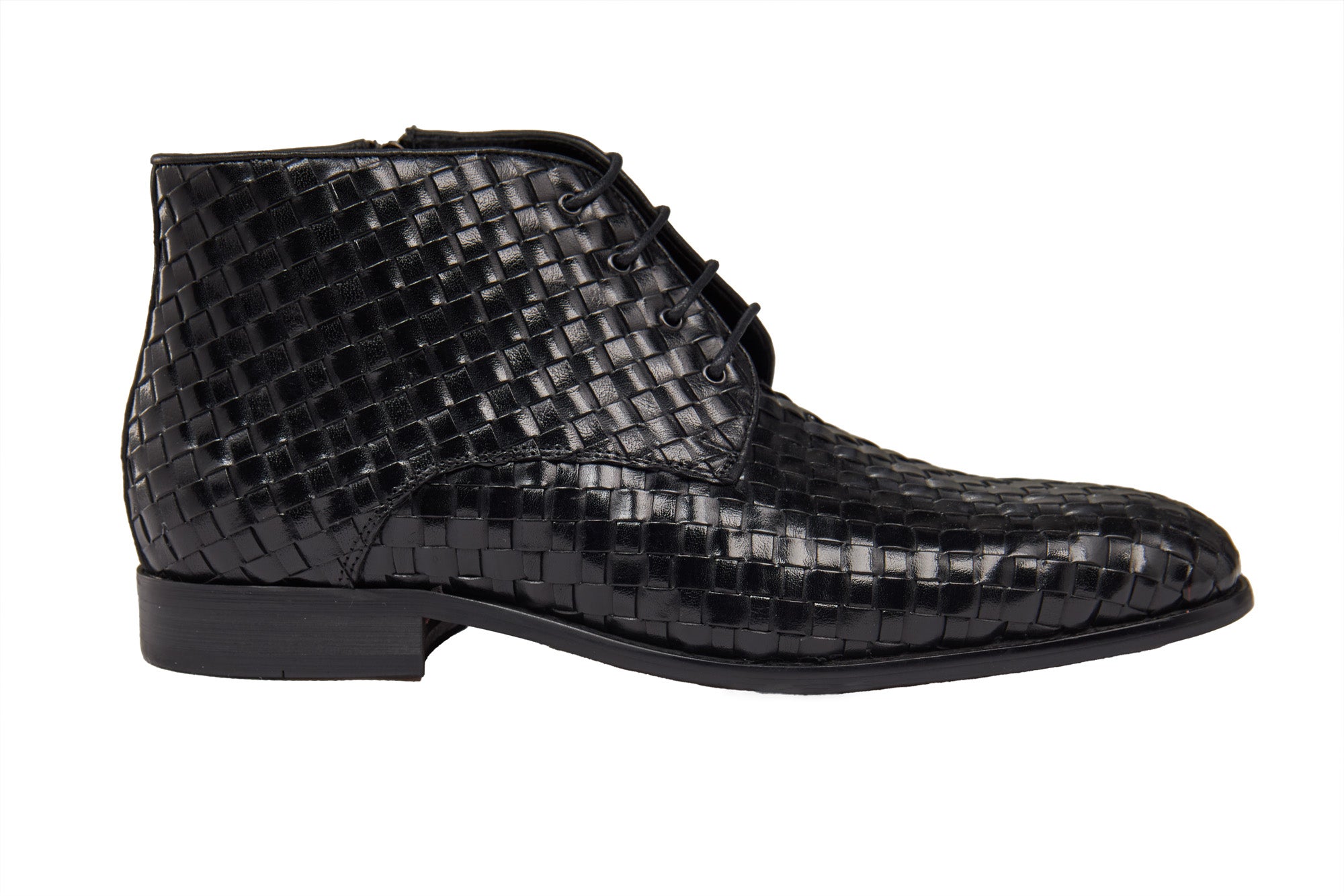 BLACK LEATHER WOVEN BOOTS