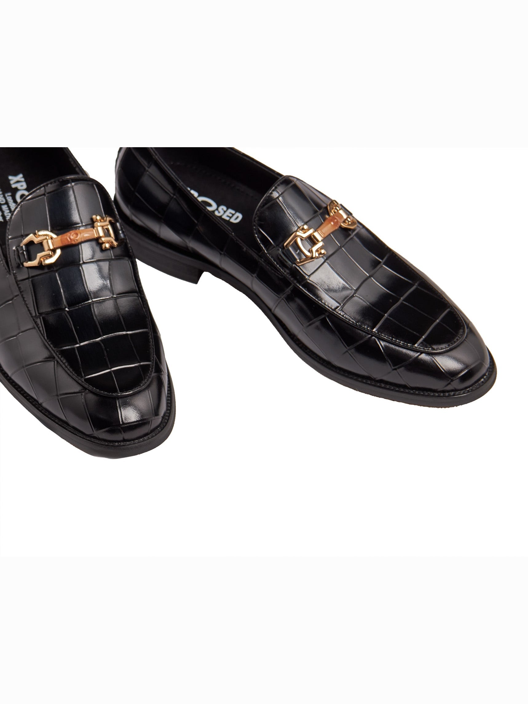 BLACK PRINTED GOLD BUCKLE LOAFERS