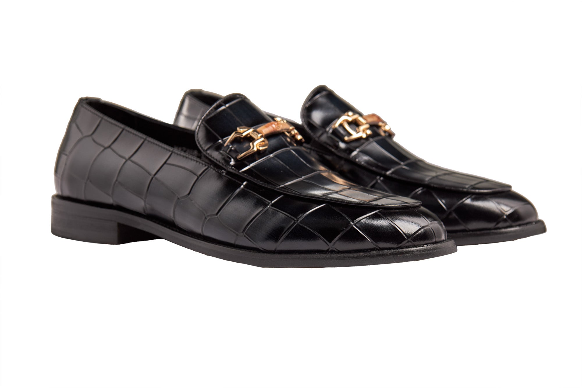 BLACK PRINTED GOLD BUCKLE LOAFERS