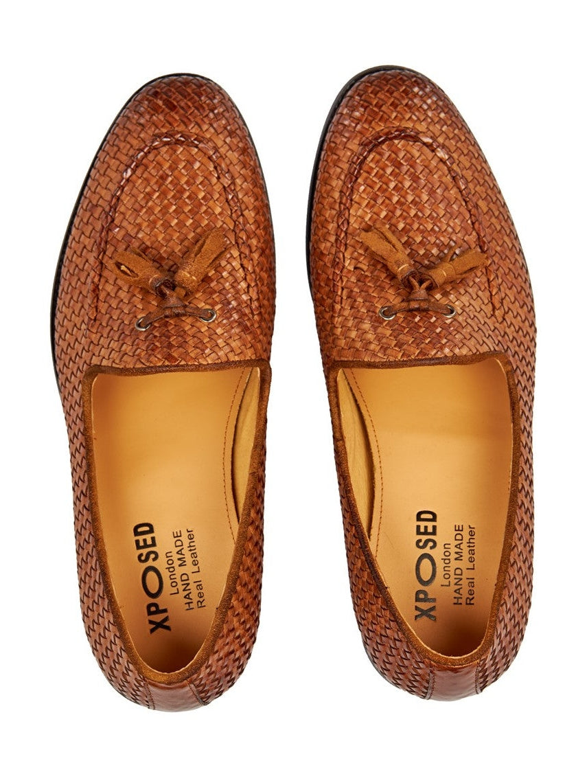 TAN WOVEN LEATHER TASSEL LOAFER