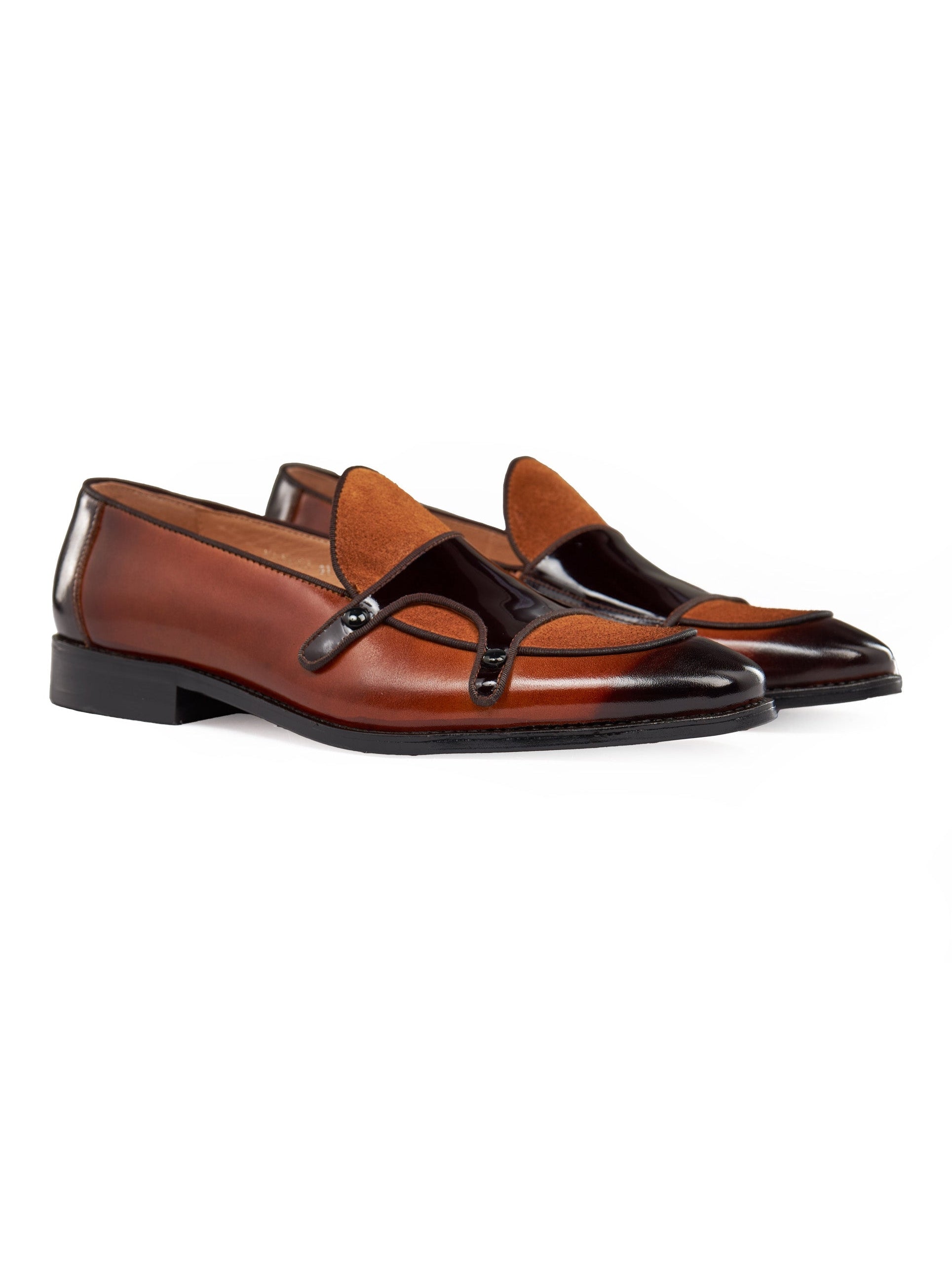 BROWN PATENT LEATHER & SUEDE MONK SHOES