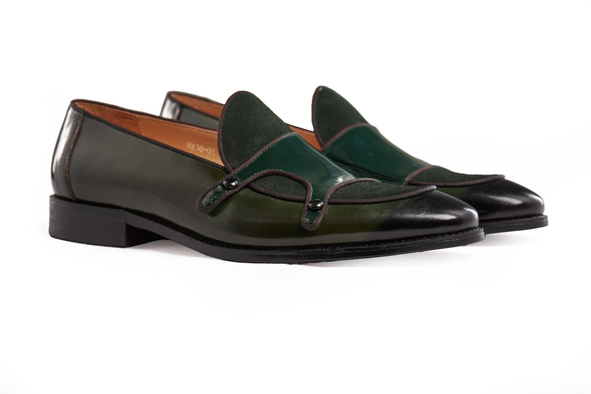GREEN PATENT LEATHER & SUEDE MONK SHOES