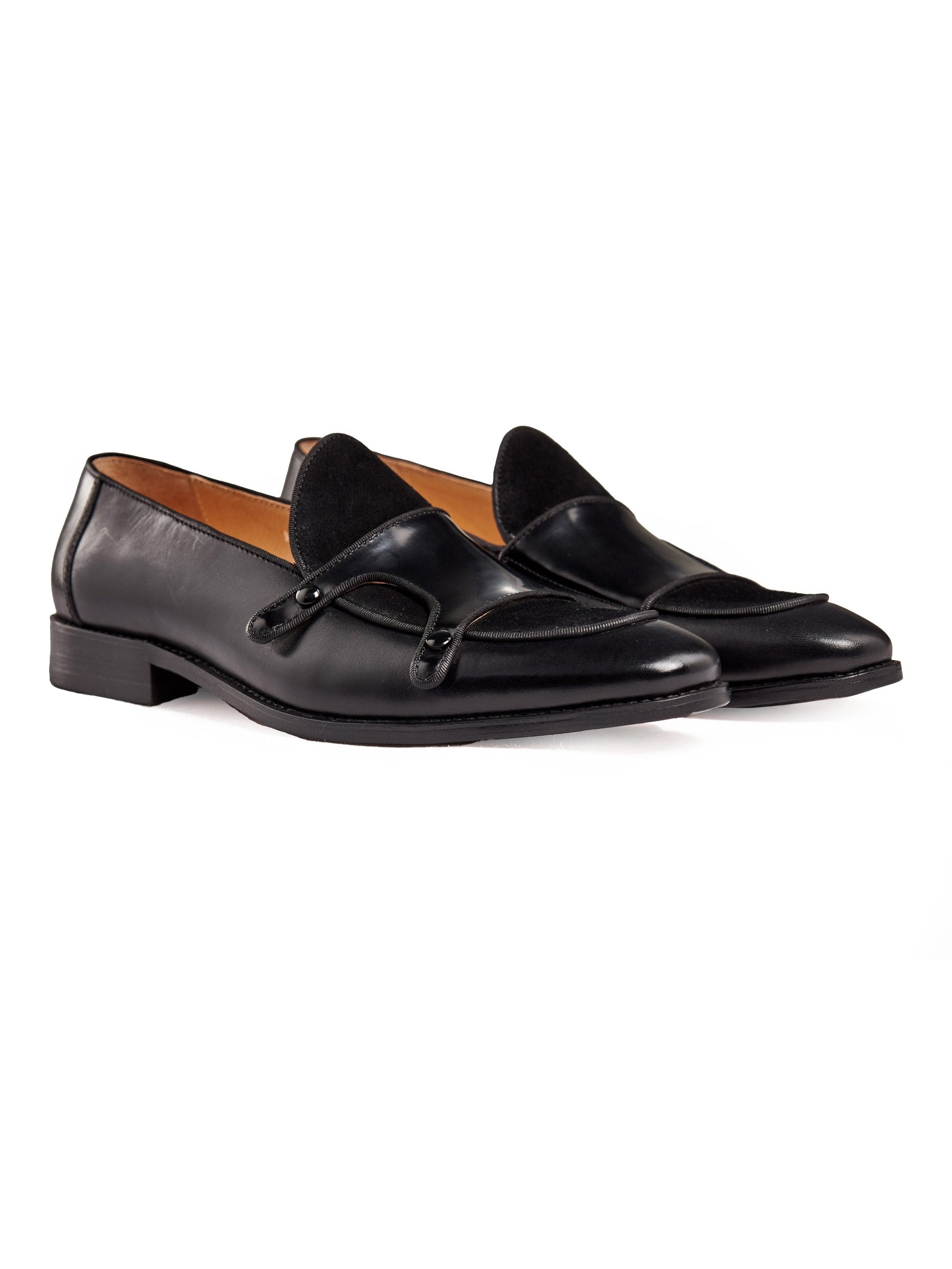 BLACK PATENT LEATHER & SUEDE MONK SHOES