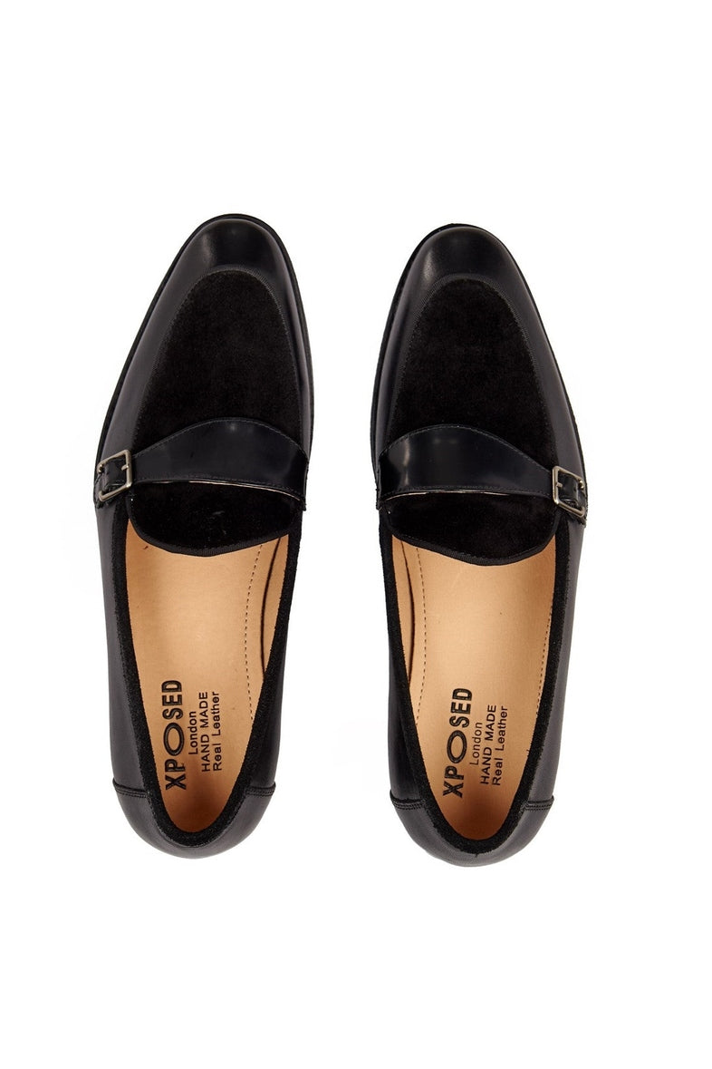 BLACK LEATHER & SUEDE MONK SHOES