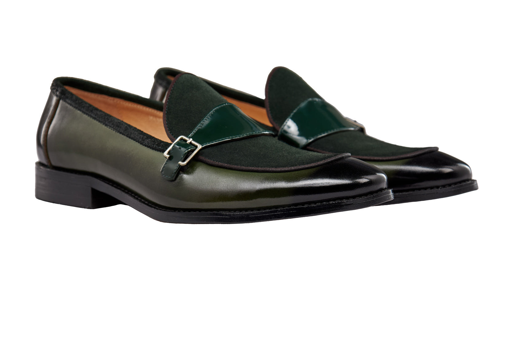 GREEN LEATHER & SUEDE MONK SHOES