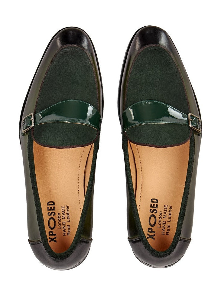 GREEN LEATHER & SUEDE MONK SHOES