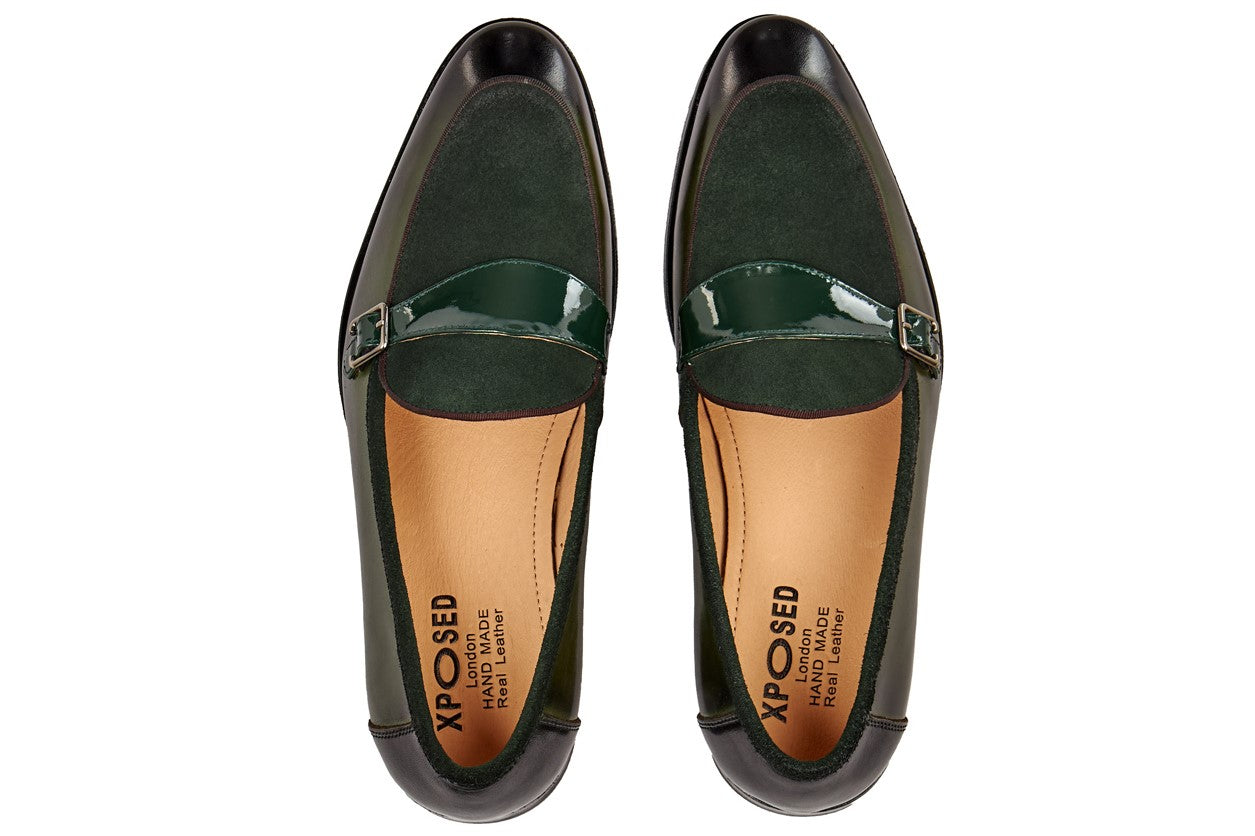 GREEN LEATHER & SUEDE MONK SHOES