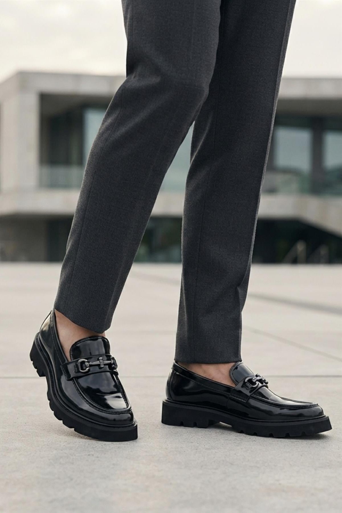 Men's Black Patent Faux Leather Snaffle Loafers