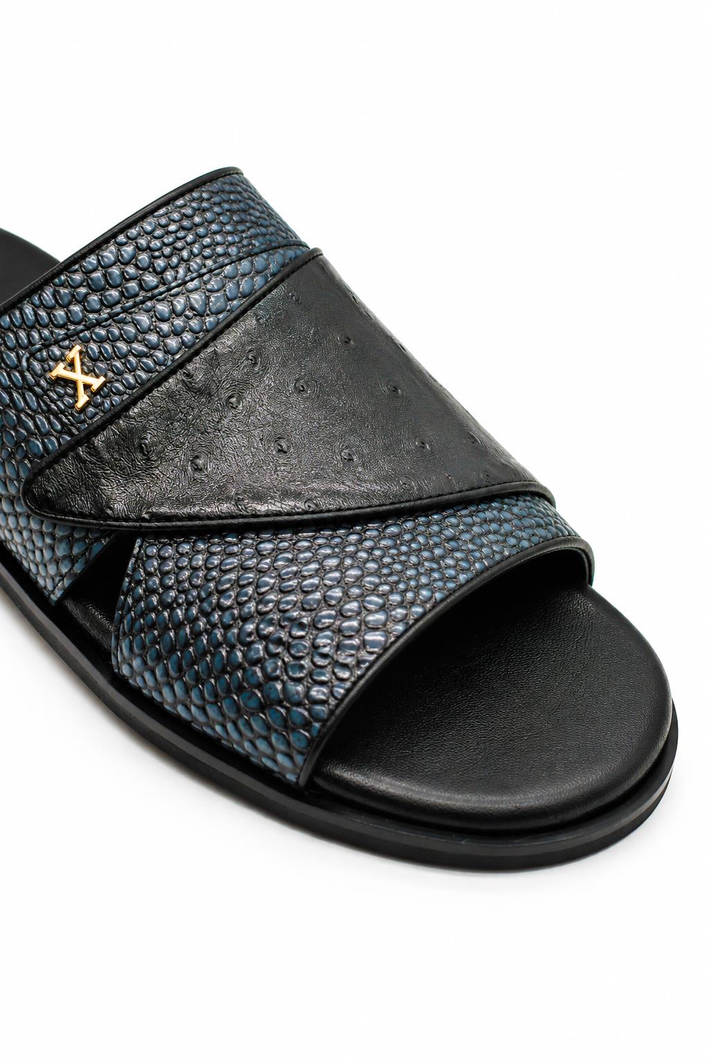 Men's Black & Grey Handmade Real Leather Open Front Slide Sandals