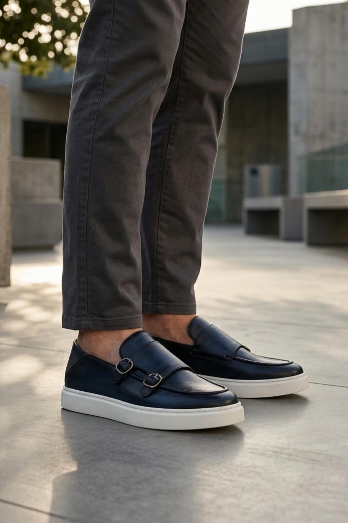 Men's Navy Blue Real Leather Double Monk Strap Trainers White Sole