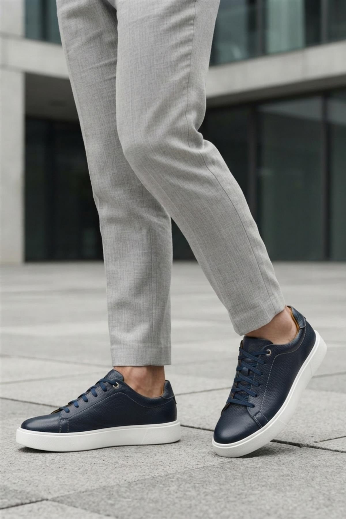 Men’s Navy Grain-Effect Faux Leather Lace-Up Trainers