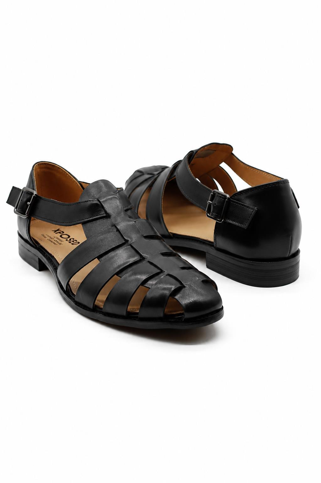 Men's Black Handmade Real Leather Fisherman Sandals