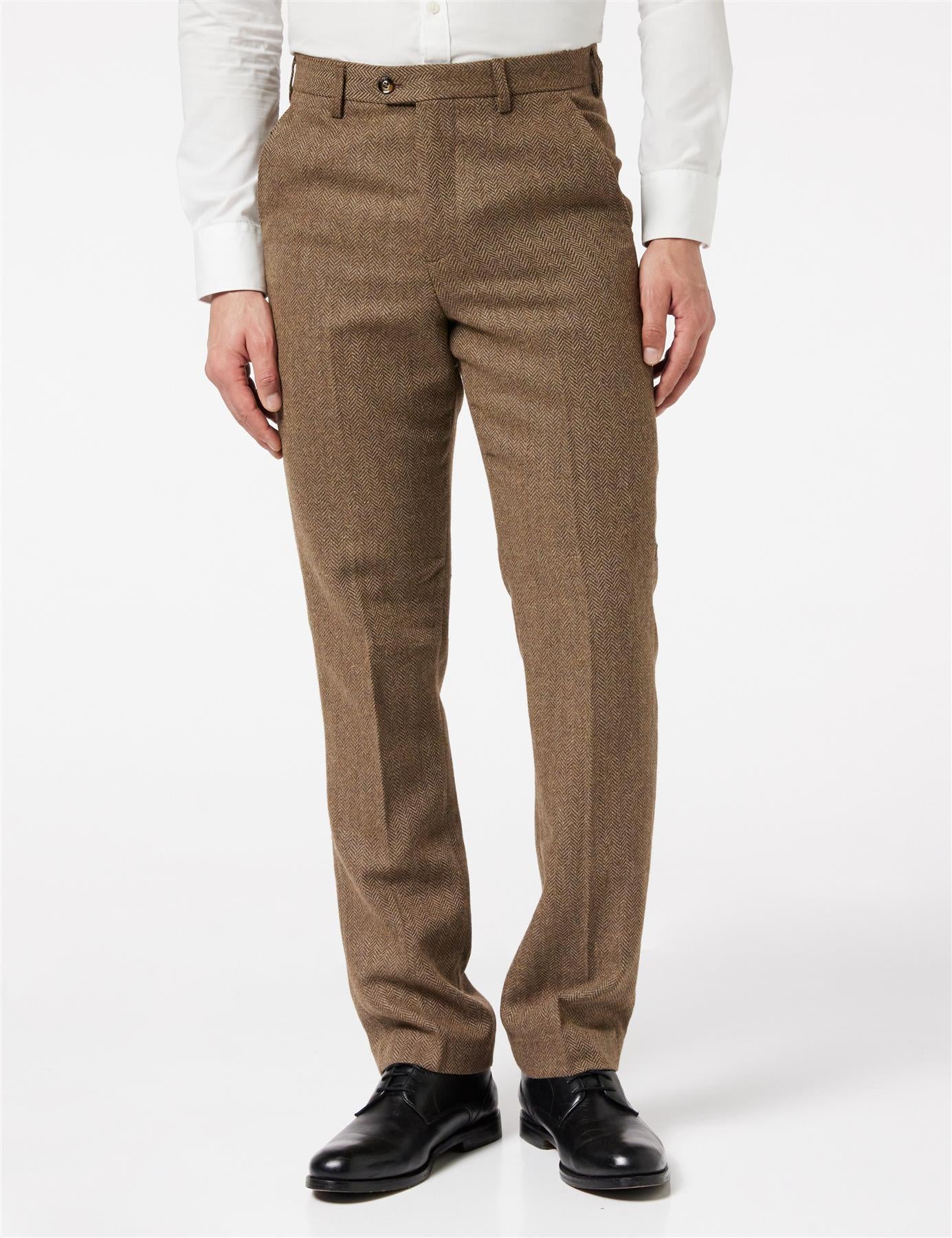 HERRINGBONE TWEED TROUSERS IN TAN