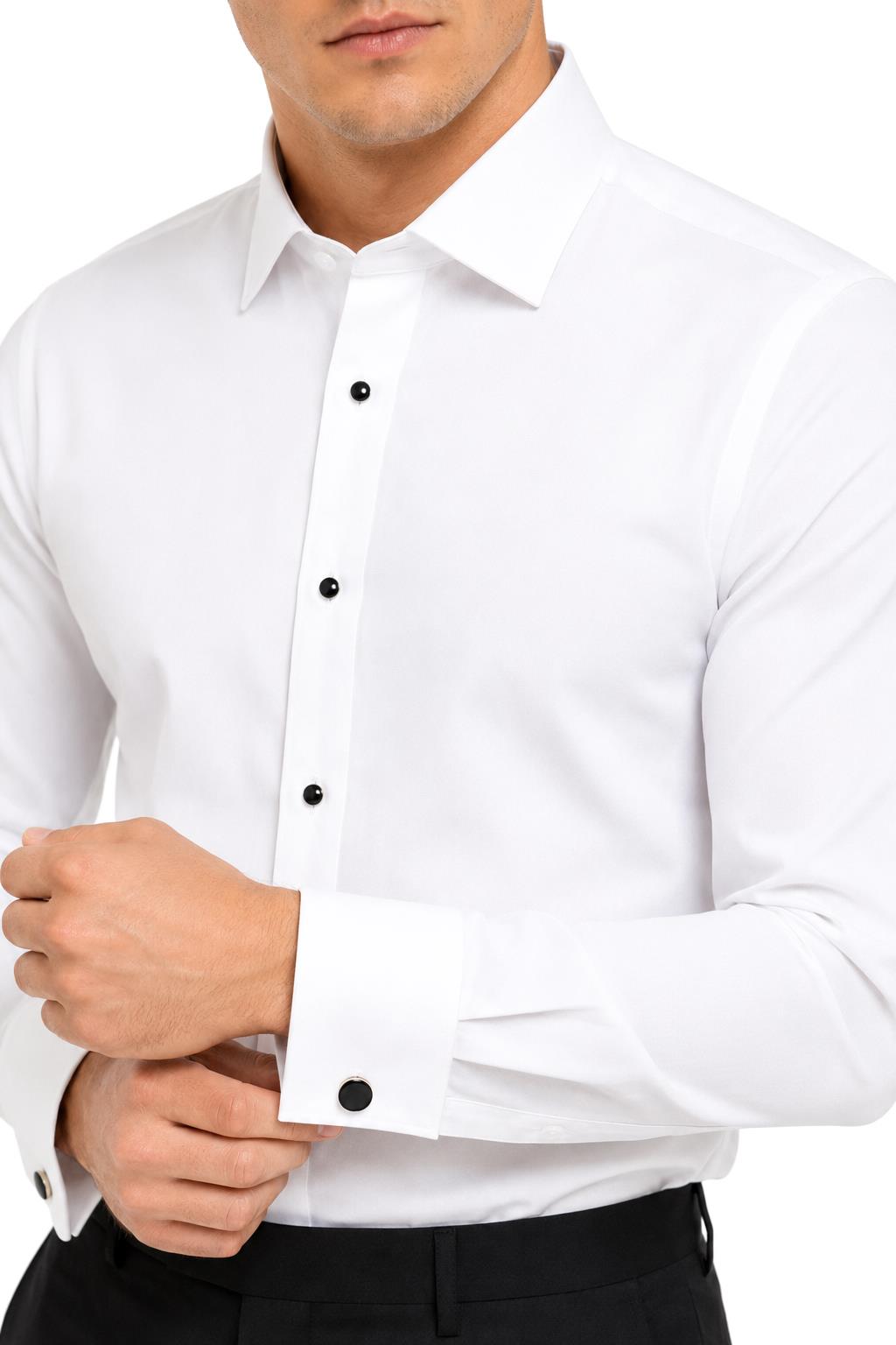 Men's White Formal Shirt with Black Buttons & Pocket Square