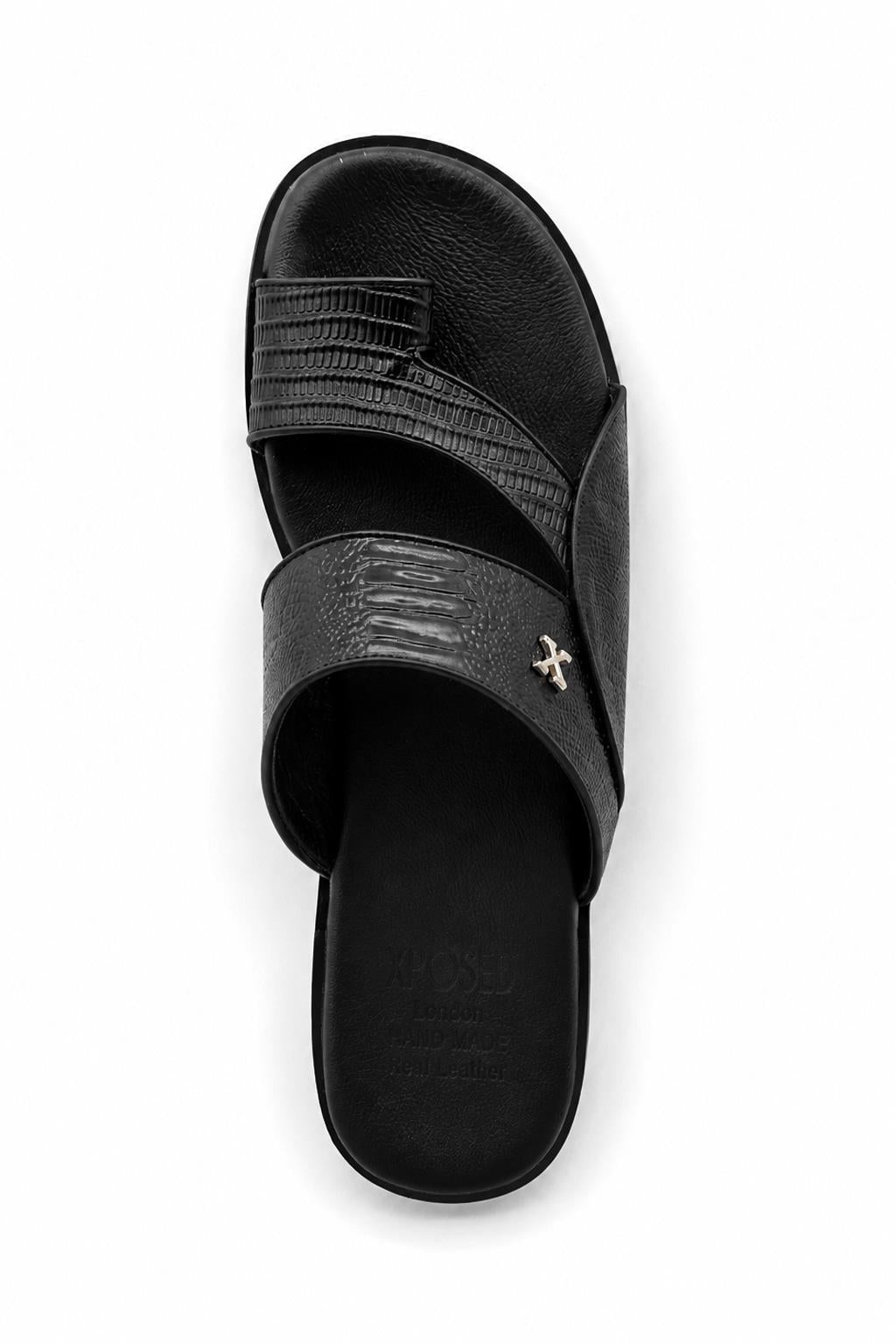 Men's Handmade Black Real Leather Toe Loop Sandals