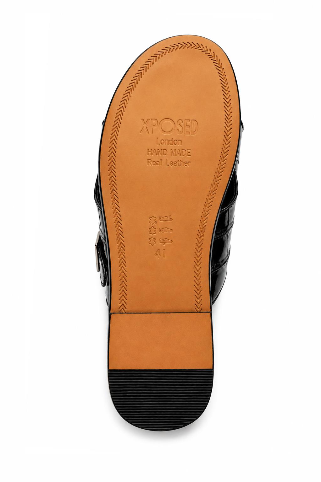 Men's Black Handmade Real Leather Croc-Effect Sandals